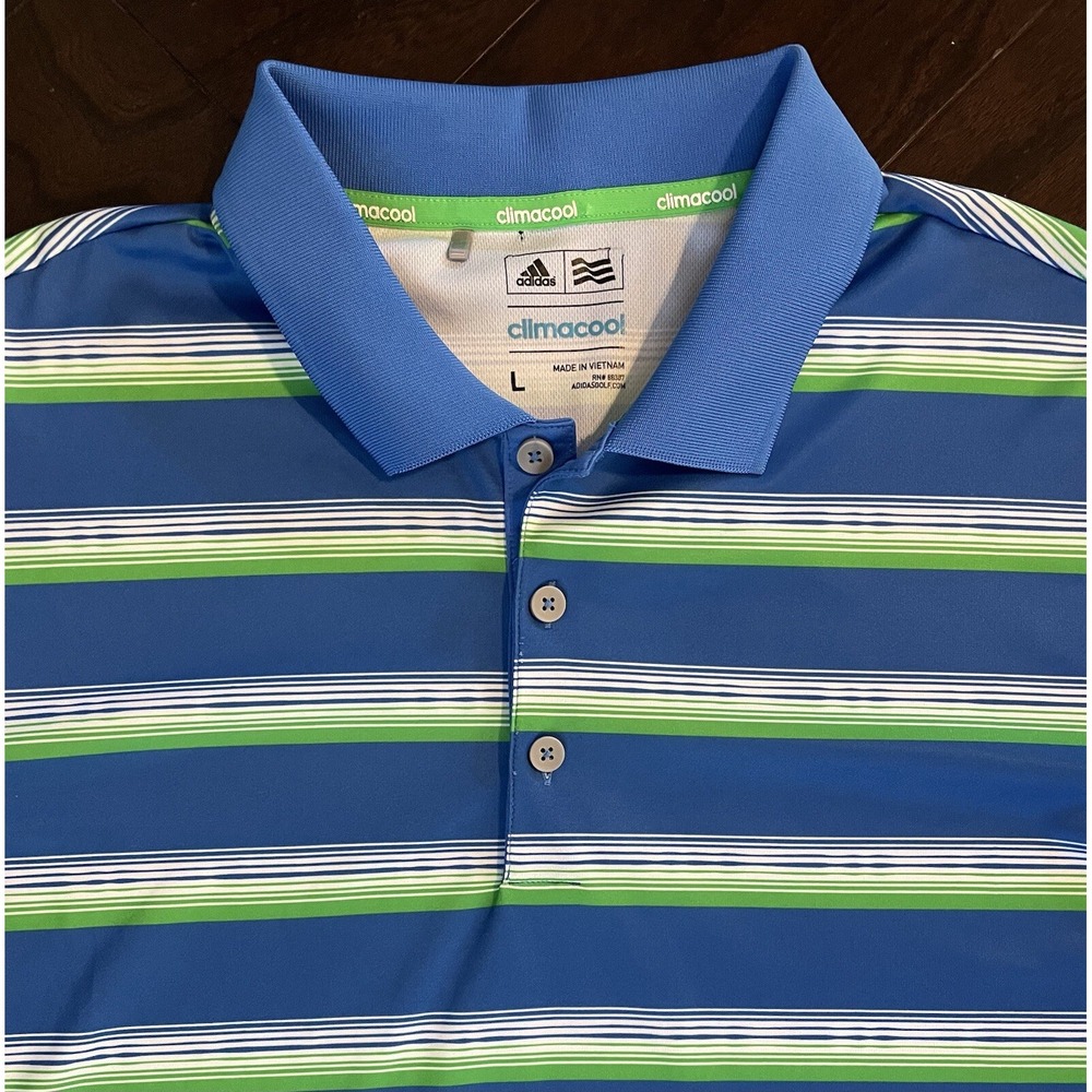 Adidas Polo Shirt Mens Large Blue Green Striped Climacool Golf Short Sleeve